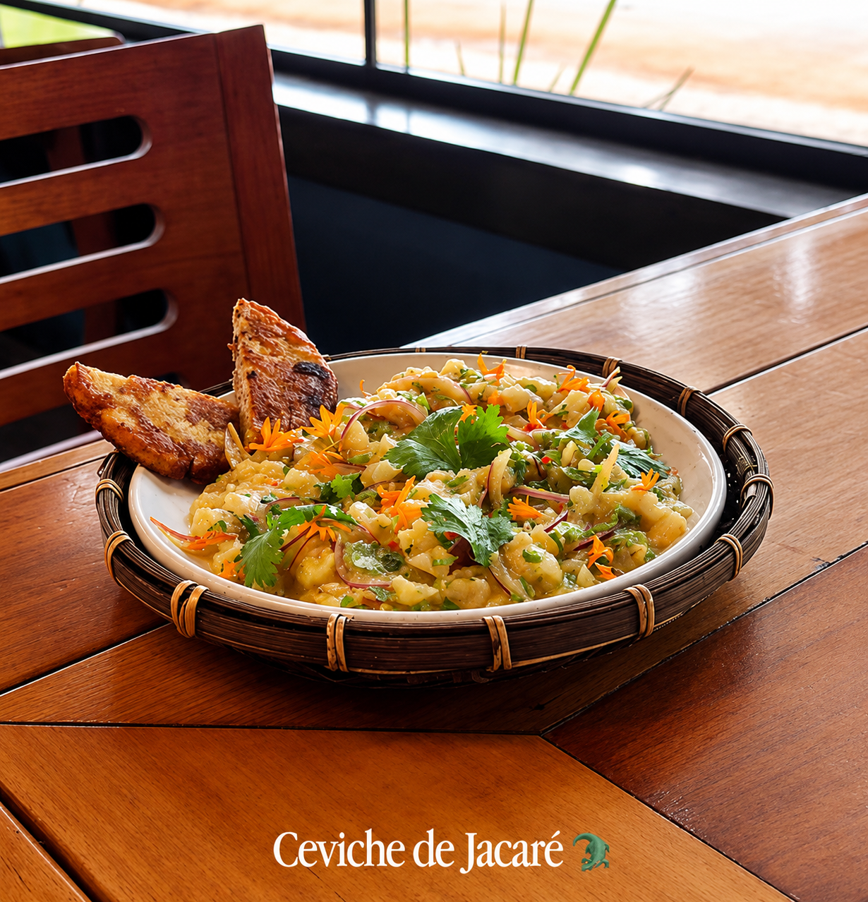 Ceviche de jacaré servido com torradas — sabor exótico de Bonito MS