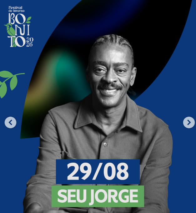 Seu Jorge se apresenta em 29/08 no Festival de Inverno de Bonito 2026