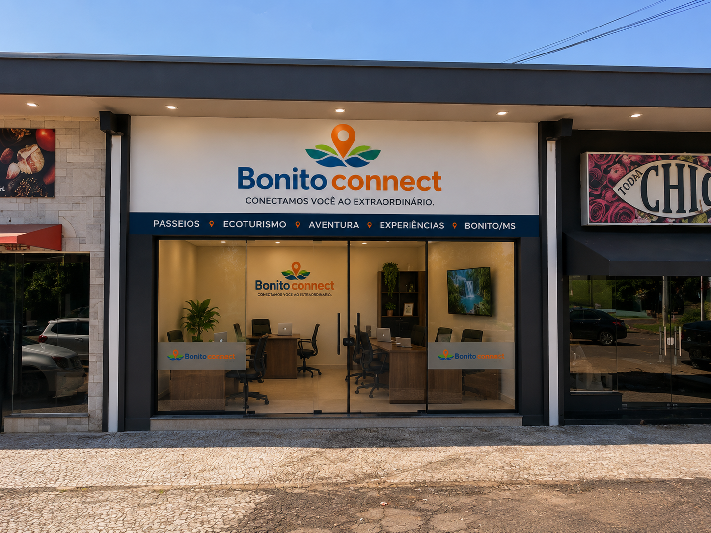 Fachada da loja da Bonito Connect em Bonito, MS, com letreiro iluminado